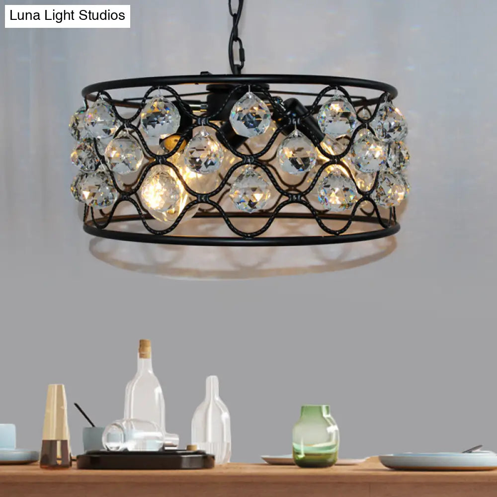 Vintage Metal And Crystal Drum Chandelier - 3 Lights Black Ceiling Light For Living Room