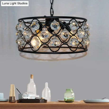 Vintage Metal And Crystal Drum Chandelier - 3 Lights Black Ceiling Light For Living Room