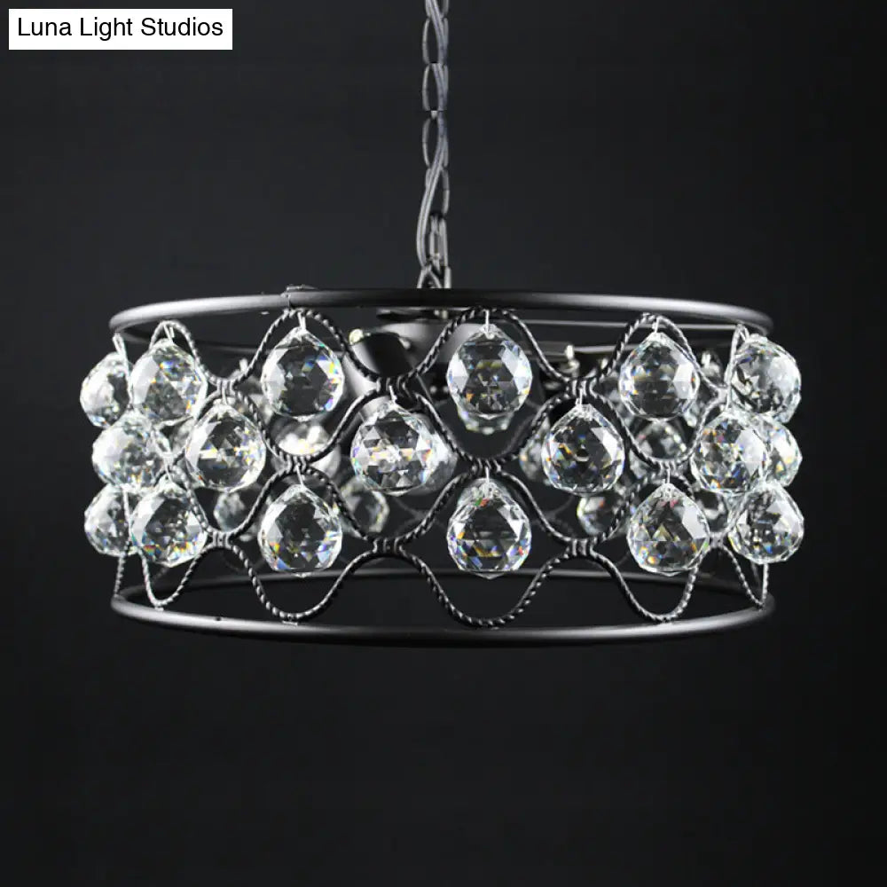 Vintage Metal And Crystal Drum Chandelier - 3 Lights Black Ceiling Light For Living Room