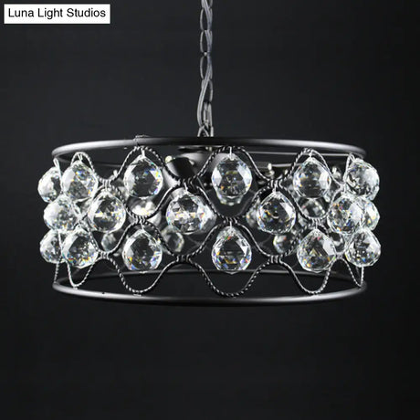 Vintage Metal And Crystal Drum Chandelier - 3 Lights Black Ceiling Light For Living Room