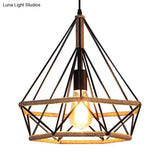 Vintage Metal And Rope Ceiling Pendant: Black Diamond Design With Cage For Coffee Shop Ambiance