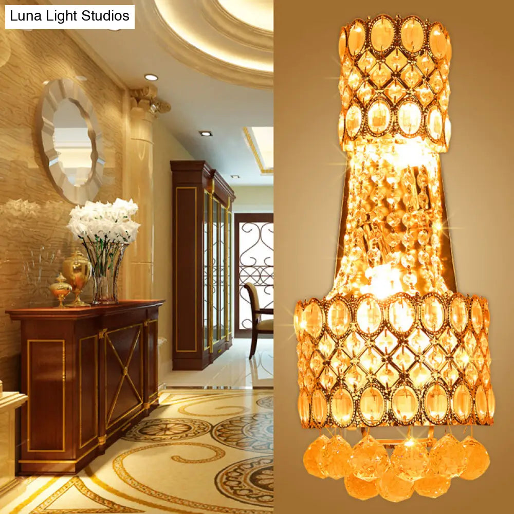 Vintage Metal Beaded Wall Sconce With Clear Crystal Accents - Gold Finish 2 Bulbs For Hallway