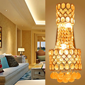 Vintage Metal Beaded Wall Sconce With Clear Crystal Accents - Gold Finish 2 Bulbs For Hallway