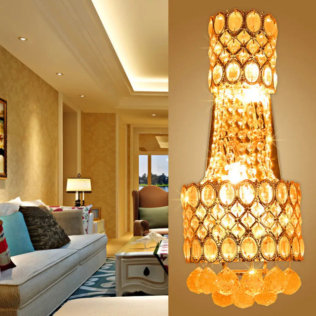 Vintage Metal Beaded Wall Sconce With Clear Crystal Accents - Gold Finish 2 Bulbs For Hallway