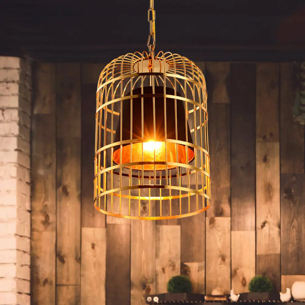 Vintage Metal Bird Cage Pendant Light With Tapered Fabric Shade - Red/White 1-Light Hanging Lamp