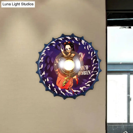 Vintage Metal Bottle Cap Sconce Light In Princess Pattern - Red/Black/Blue Corridor Wall Fixture