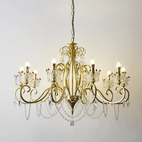 Vintage Metal Candelabra Ceiling Chandelier With Crystal Crown Elegant Living Room Light Fixture 10