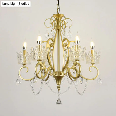 Vintage Metal Candelabra Ceiling Chandelier With Crystal Crown Elegant Living Room Light Fixture