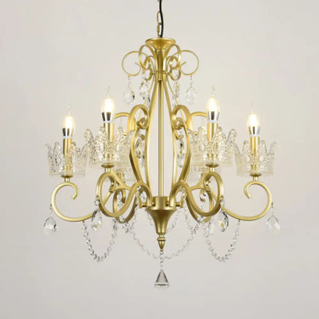 Vintage Metal Candelabra Ceiling Chandelier With Crystal Crown Elegant Living Room Light Fixture 6 /