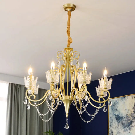 Vintage Metal Candelabra Ceiling Chandelier With Crystal Crown Elegant Living Room Light Fixture 8 /