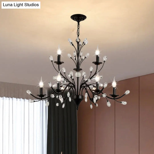 Vintage Metal Chandelier With Exposed Bulbs | 3/6/9 Lights Black Finish Crystal Draping