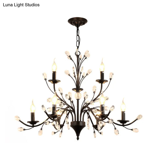 Vintage Metal Chandelier With Exposed Bulbs | 3/6/9 Lights Black Finish Crystal Draping