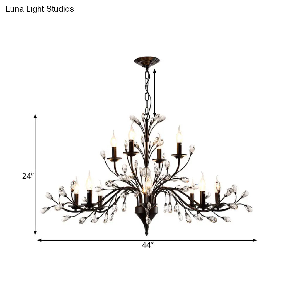 Vintage Metal Chandelier With Exposed Bulbs | 3/6/9 Lights Black Finish Crystal Draping