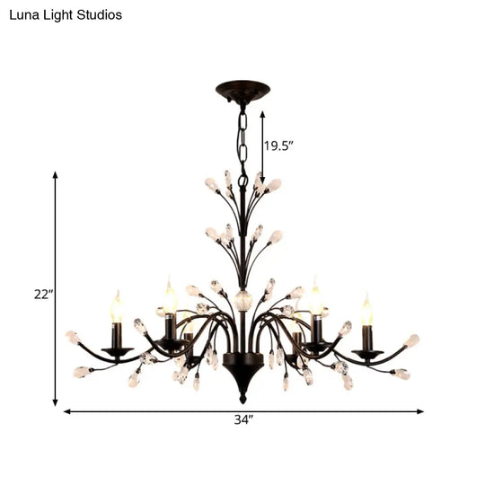 Vintage Metal Chandelier With Exposed Bulbs | 3/6/9 Lights Black Finish Crystal Draping