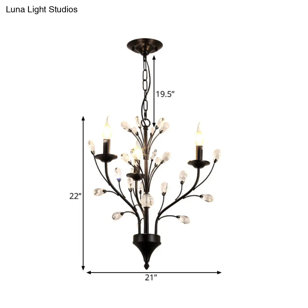 Vintage Metal Chandelier With Exposed Bulbs | 3/6/9 Lights Black Finish Crystal Draping