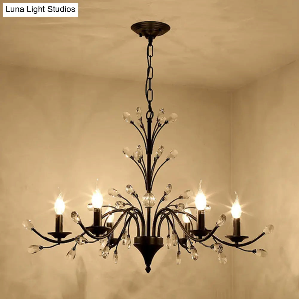 Vintage Metal Chandelier With Exposed Bulbs | 3/6/9 Lights Black Finish Crystal Draping