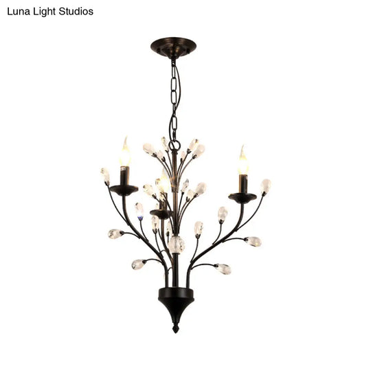 Vintage Metal Chandelier With Exposed Bulbs | 3/6/9 Lights Black Finish Crystal Draping
