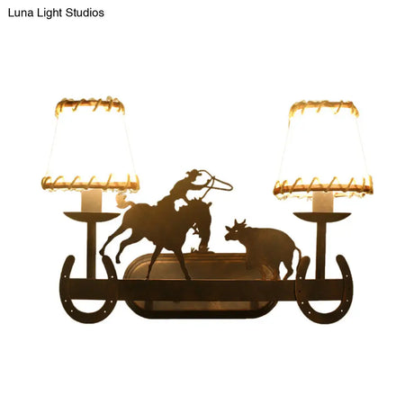 Vintage Metal Cone Wall Light Fixture - Rust Sconce Lamp With Animal Decoration 2-Light Dining Room