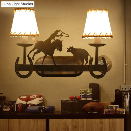 Vintage Metal Cone Wall Light Fixture - Rust Sconce Lamp With Animal Decoration 2-Light Dining Room