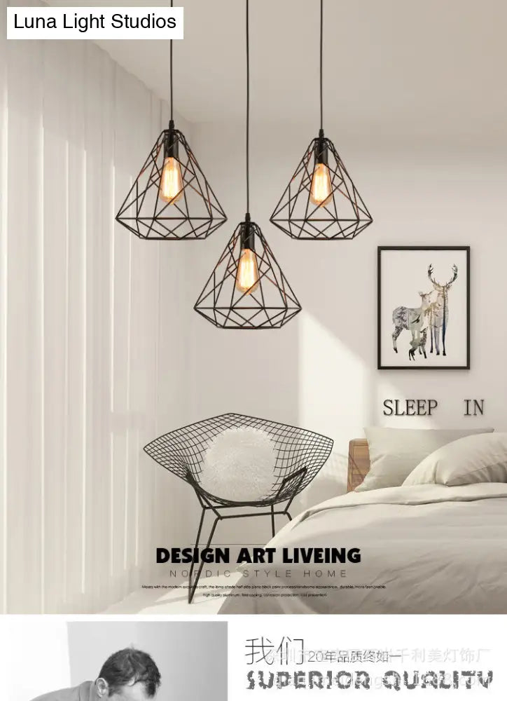 Vintage Metal Diamond Cage Pendant Light For Dinning Room - Black