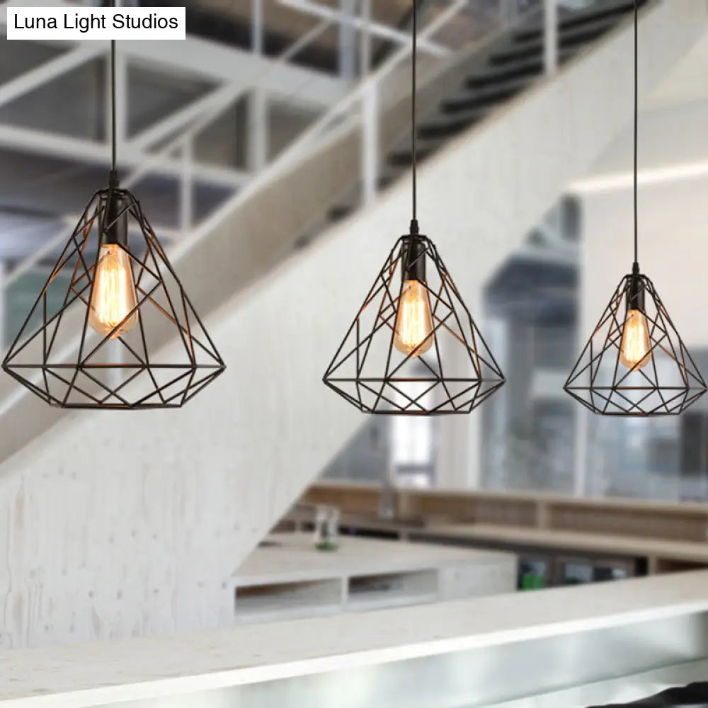 Vintage Metal Diamond Cage Pendant Light For Dinning Room - Black