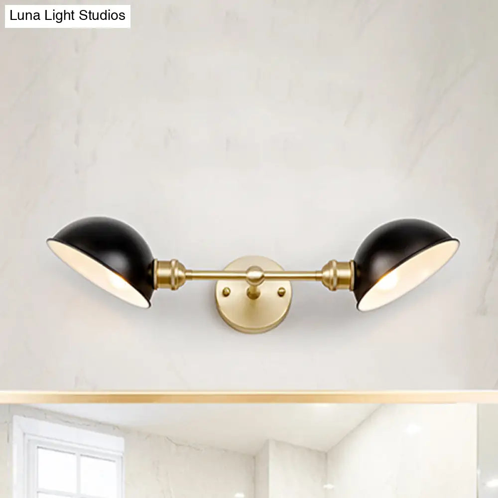 Vintage Metal Dome Vanity Light Fixture With Dual Bulbs Wall Mount Bathroom Lamp In Black/Brass