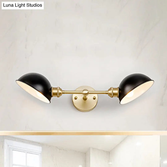Vintage Metal Dome Vanity Light Fixture With Dual Bulbs Wall Mount Bathroom Lamp In Black/Brass