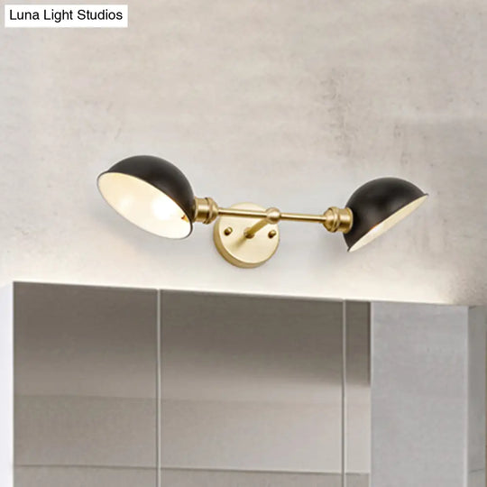 Vintage Metal Dome Vanity Light Fixture With Dual Bulbs Wall Mount Bathroom Lamp In Black/Brass