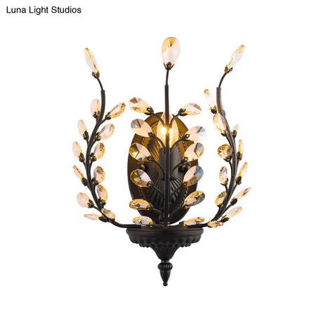 Vintage Metal Flower Wall Sconce With Crystal Leaf Decoration