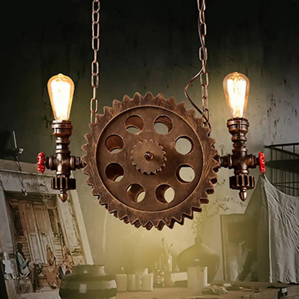 Vintage Metal Hanging Chandelier With Exposed Bulbs - 2-Light Ceiling Light Fixture For Living Room