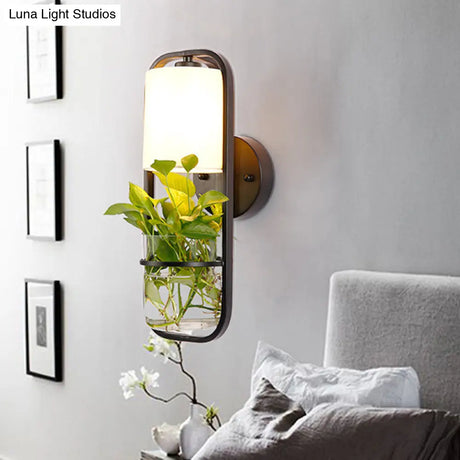 Vintage Metal Led Wall Lamp With Plant Container - Black Sconce Shade For Bedroom