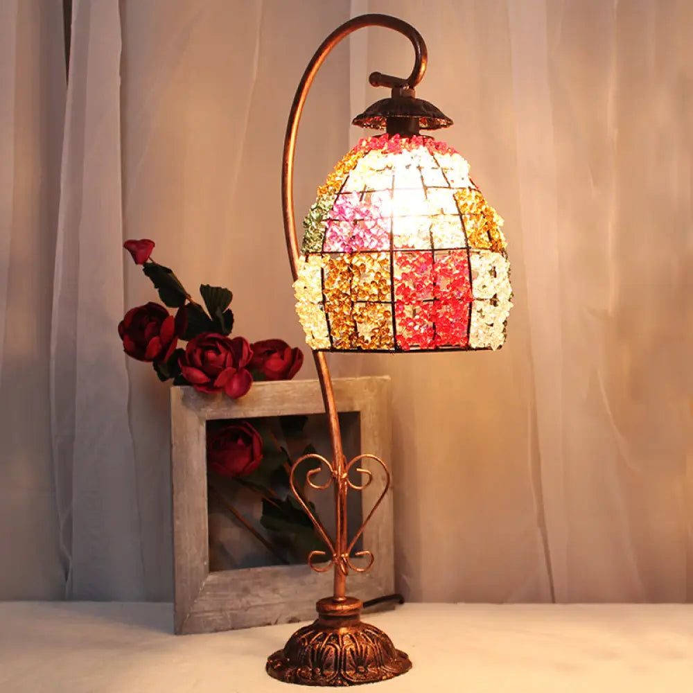 Vintage Metal Night Table Lamp In White/Pink/Red With Curving Arm For Living Room Nightstand