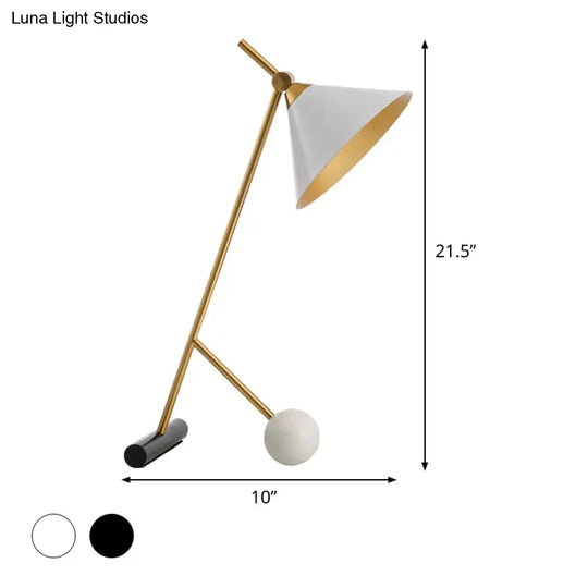 Vintage Metal Nightstand Lamp With Funnel Design White/Black And Marble Ball For Bedroom