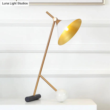 Vintage Metal Nightstand Lamp With Funnel Design White/Black And Marble Ball For Bedroom
