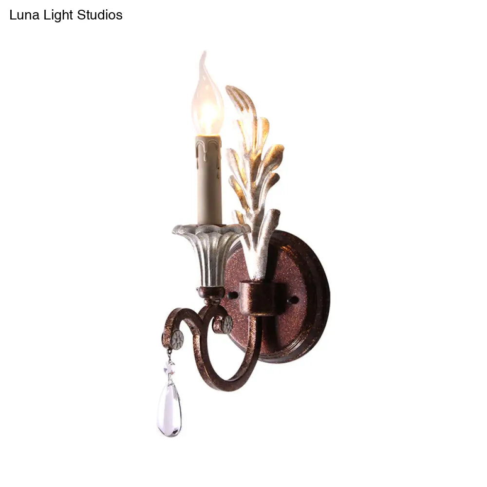 Vintage Metal Rust Sconce Lamp With Exposed Bulb And Crystal Drop - 1-Light Wall Mounted Lighting