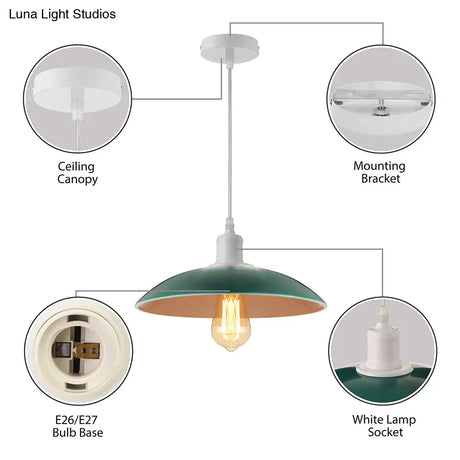 Vintage Metal Saucer Shade Pendant Ceiling Light: Green/Red Stylish 1-Light Fixture For Table