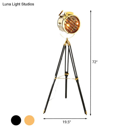 Vintage Metal Spotlight Floor Lamp With Tripod Stand - Black/Wood Perfect For Living Room Lighting