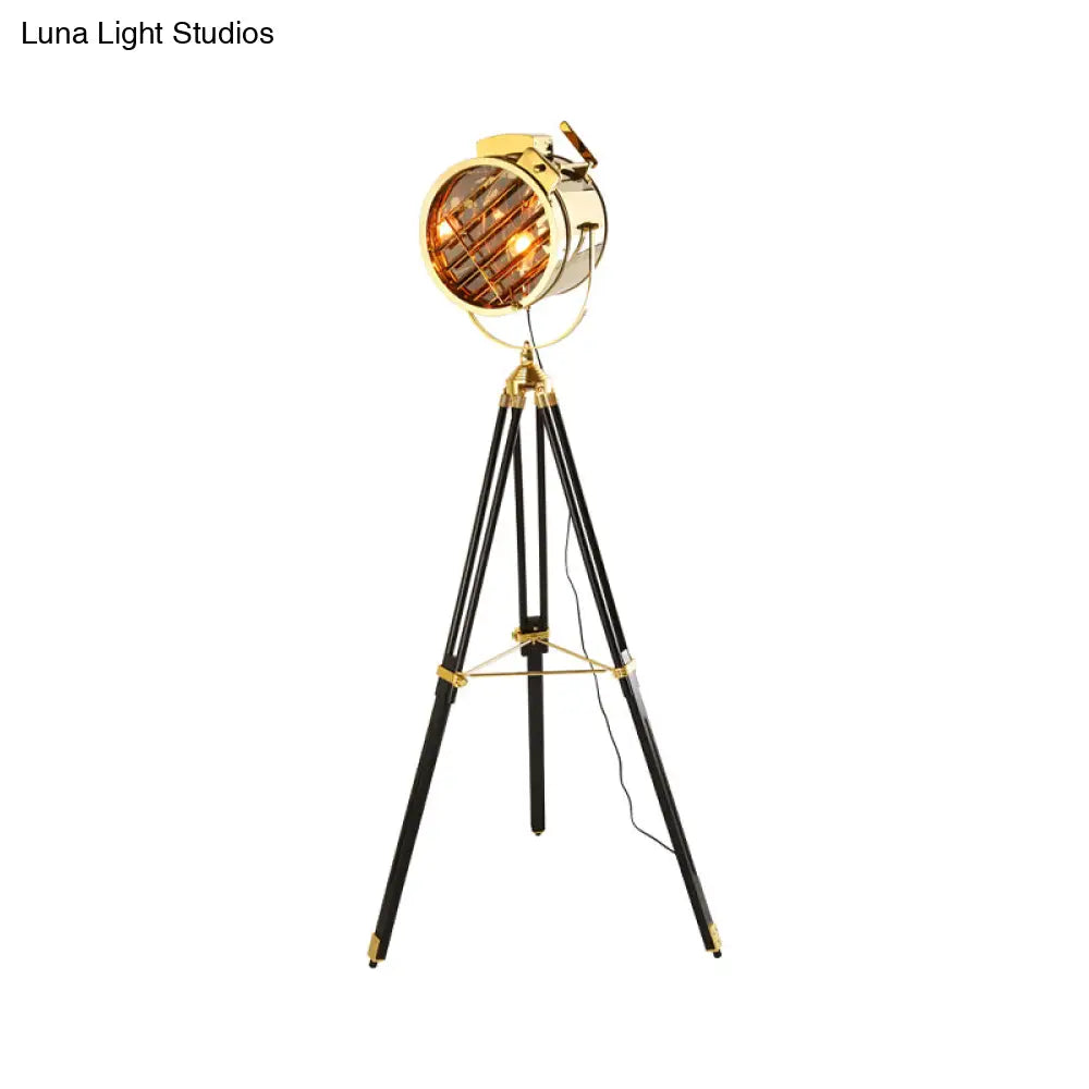 Vintage Metal Spotlight Floor Lamp With Tripod Stand - Black/Wood Perfect For Living Room Lighting