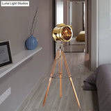 Vintage Metal Spotlight Floor Lamp With Tripod Stand - Black/Wood Perfect For Living Room Lighting