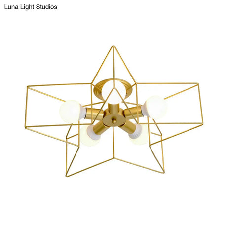 Vintage Metal Star Shaped Bedroom Ceiling Lamp - Semi Flush Mount With 5 Bulbs
