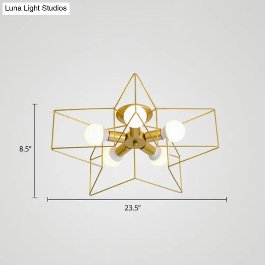 Vintage Metal Star Shaped Bedroom Ceiling Lamp - Semi Flush Mount With 5 Bulbs / Gold