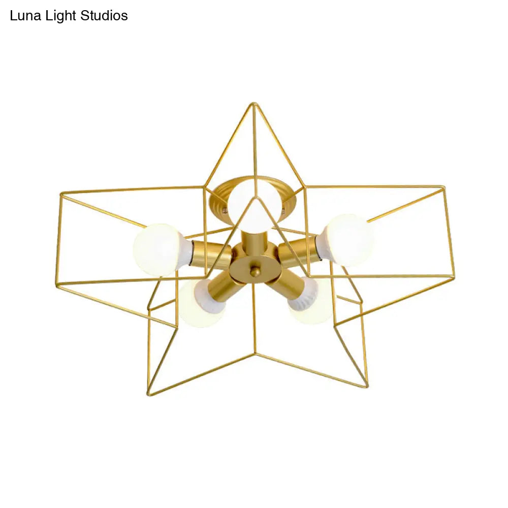 Vintage Metal Star Shaped Bedroom Ceiling Lamp - Semi Flush Mount With 5 Bulbs