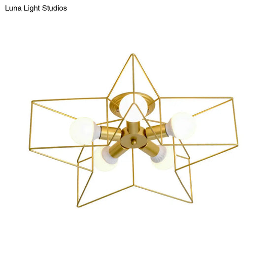 Vintage Metal Star Shaped Bedroom Ceiling Lamp - Semi Flush Mount With 5 Bulbs