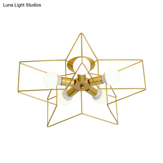 Vintage Metal Star Shaped Bedroom Ceiling Lamp - Semi Flush Mount With 5 Bulbs