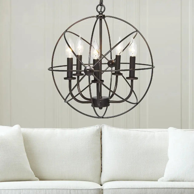Vintage Metal Strap Globe Chandelier Pendant Light - 5 Bulb Hanging Lamp In Black Ideal For