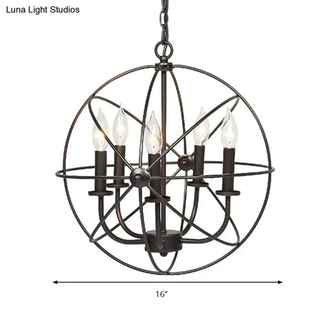 Vintage Metal Strap Globe Chandelier Pendant Light - 5 Bulb Hanging Lamp In Black Ideal For