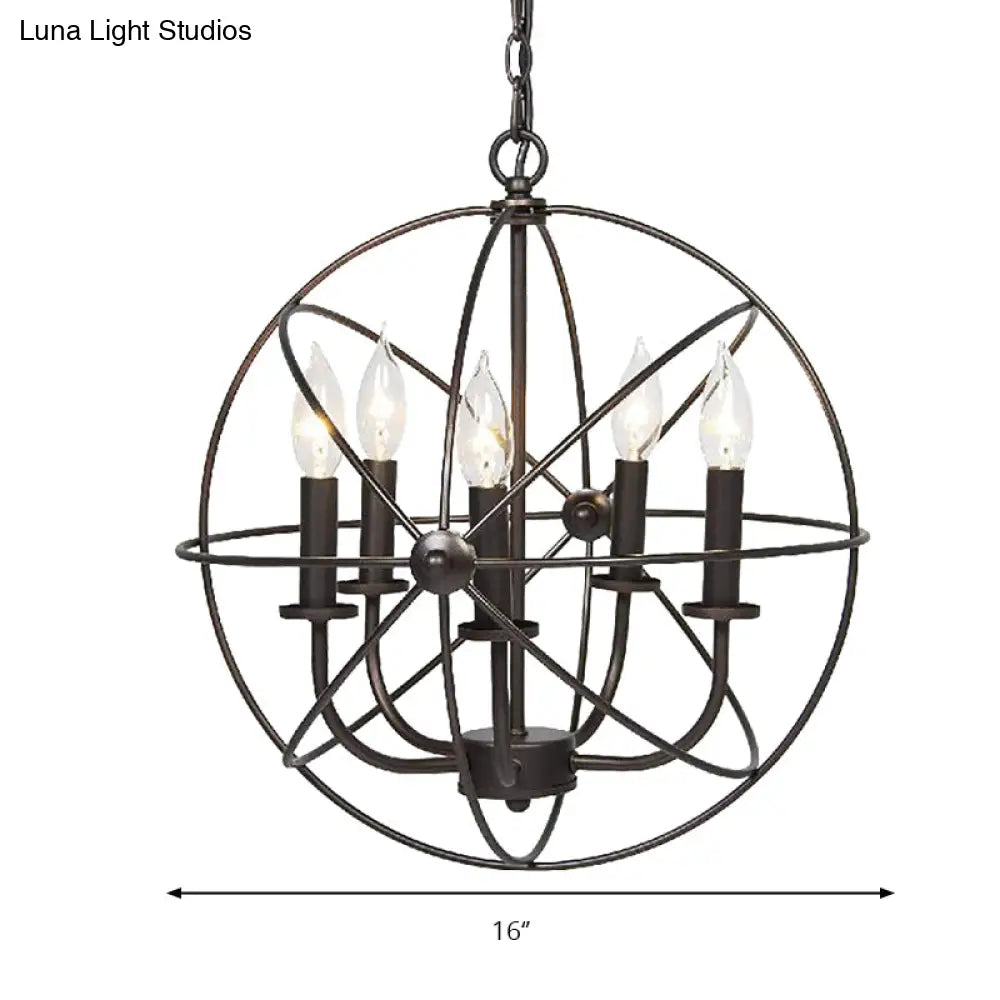 Vintage Metal Strap Globe Chandelier Pendant Light - 5 Bulb Hanging Lamp In Black Ideal For