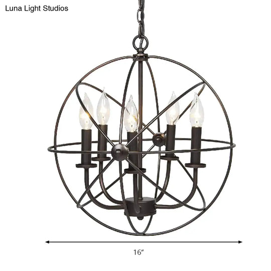 Vintage Metal Strap Globe Chandelier Pendant Light - 5 Bulb Hanging Lamp In Black Ideal For
