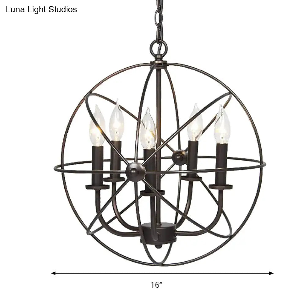 Vintage Metal Strap Globe Chandelier Pendant Light With 5 Bulbs - Black Restaurant Hanging Lamp