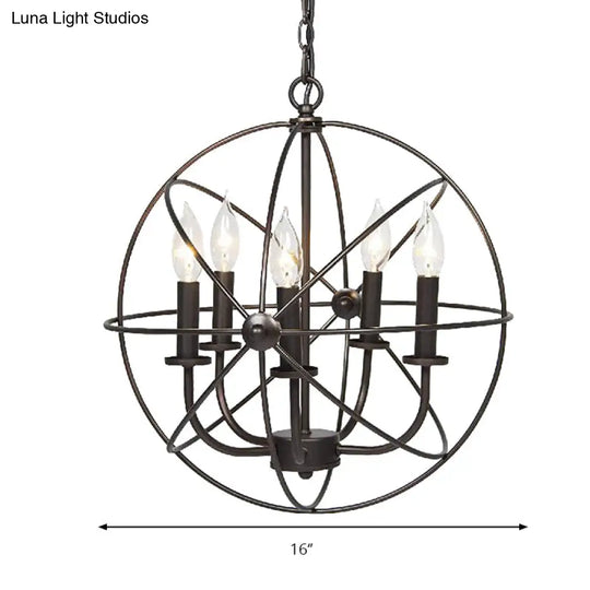 Vintage Metal Strap Globe Chandelier Pendant Light With 5 Bulbs - Black Restaurant Hanging Lamp